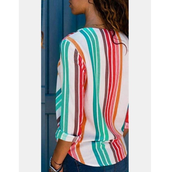 Multicolor Stripe Surplice Blouse with 3/4 Sleeves - Picture 3 of 4